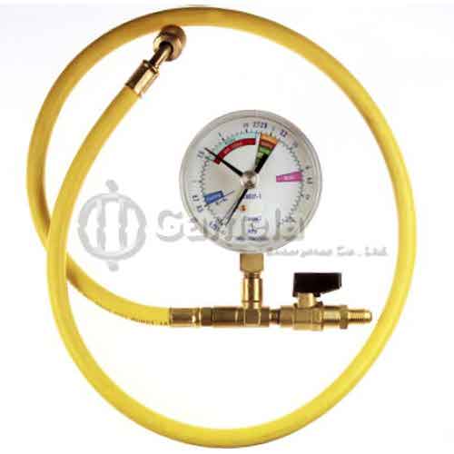 501022L-G - Flex-Hose-1-meter-With-Valve-And-Gauge-for-Nitrogen-and-refrigerant-R134-R410-and-R1234yf-etc